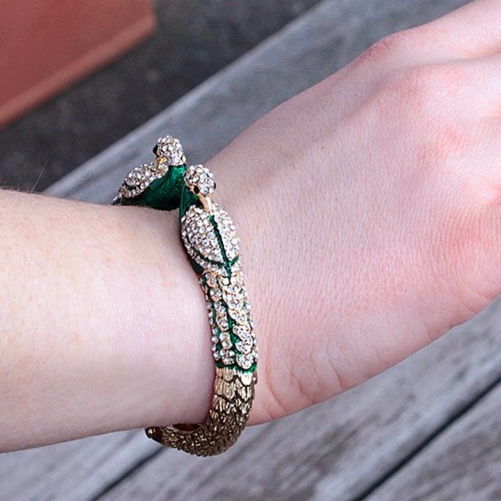 SOLD Amrita Singh Rare Red Austrian Crystal Emerald Peacock Gold Hinge Bracelet - Picture 2 of 16